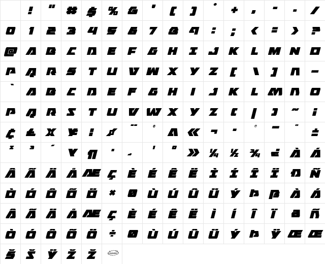 Eagle Strike Italic Character Map