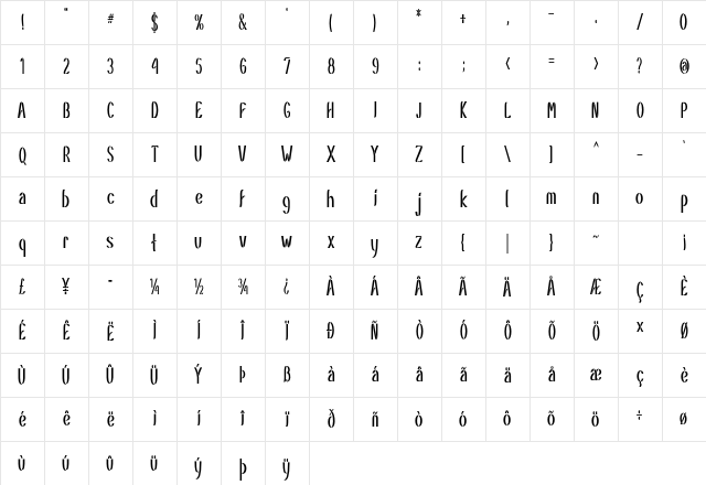 Eesil Extra-condensed Bold Character Map