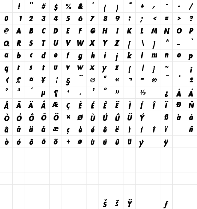 EfromCondBlack Oblique Character Map