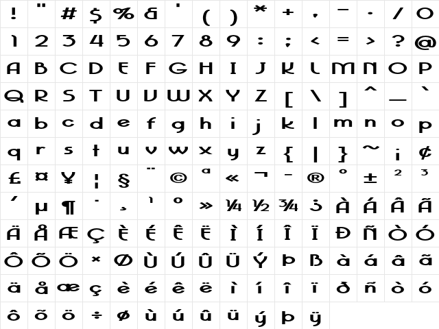 Eiffel Falls Extra-expanded Bold Character Map
