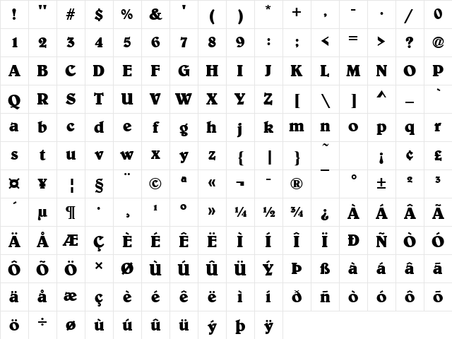 Elegance Bold Character Map