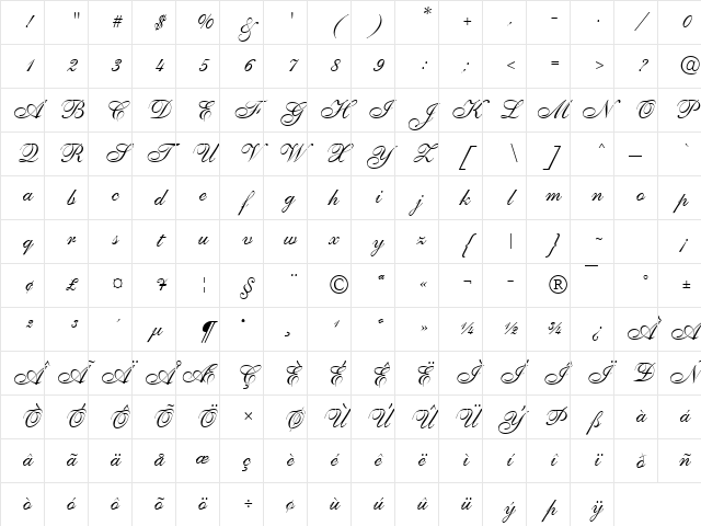 Elegance Italic Character Map