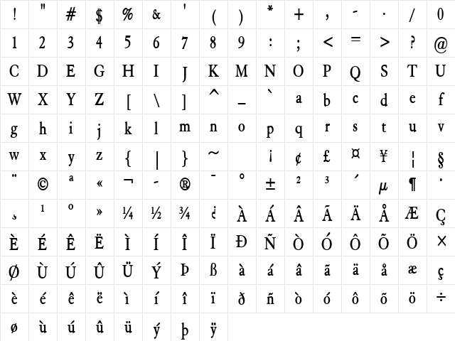 Elephant-Condensed Bold Character Map
