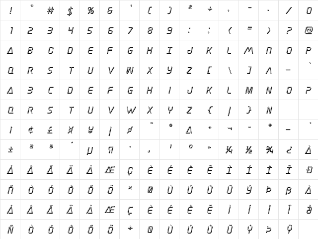 Elite Danger 3D Italic Italic Character Map