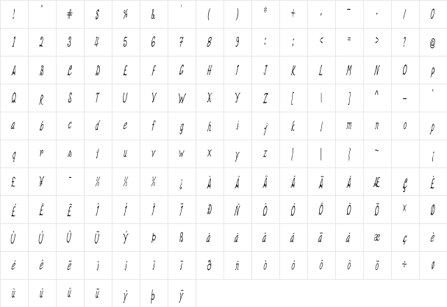 Eliva Extra-condensed Italic Character Map