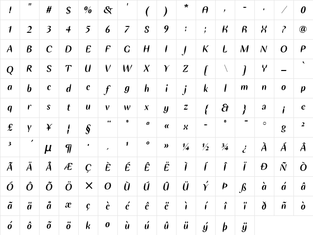 Ellipse ITC Bold Italic Character Map