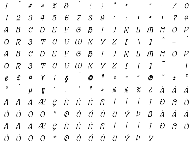 Elves-Condensed Bold Italic Character Map
