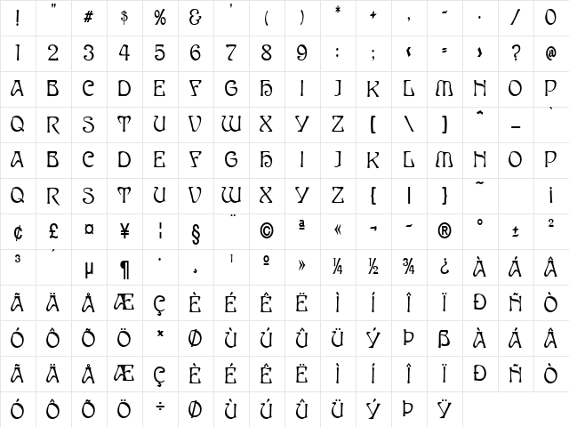 Elves-Condensed Bold Character Map