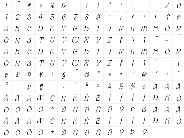 Elves-Condensed Italic Character Map