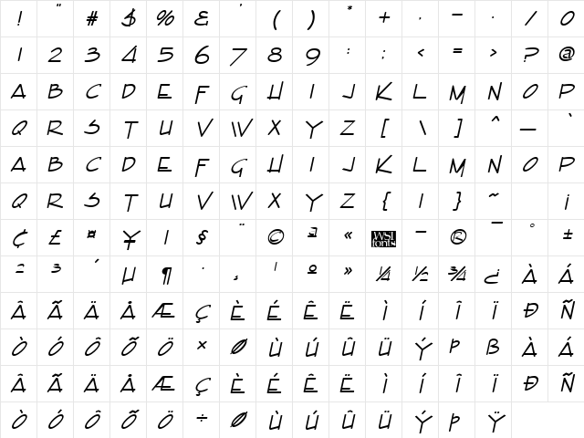 Encino Italic Character Map