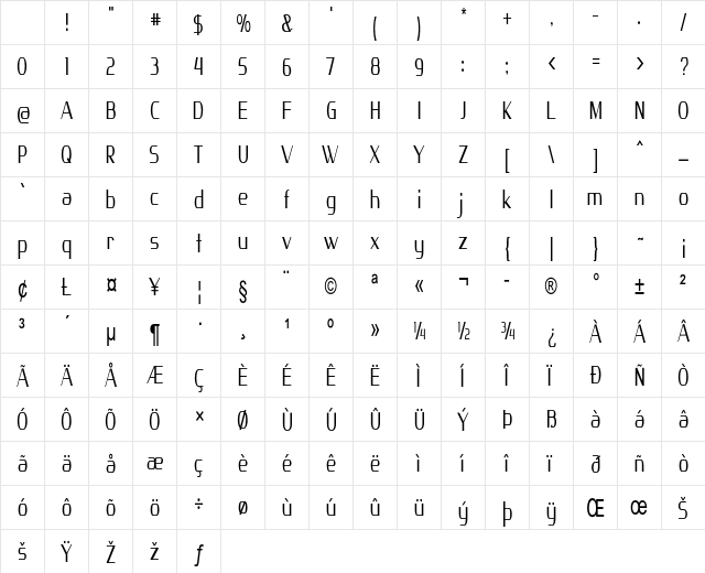 Englesan Condensed Regular Character Map Englesan Condensed Regular Character Map