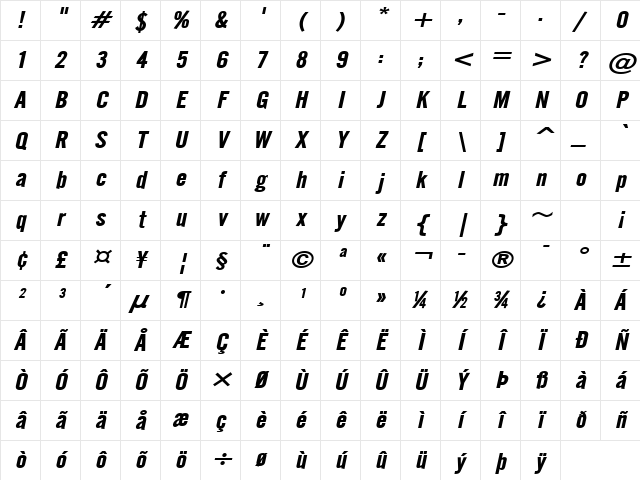 English Gothic-Extended Bold Italic Character Map