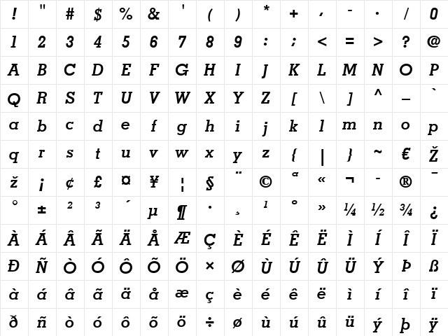 Memphis LT Medium Bold Italic Character Map
