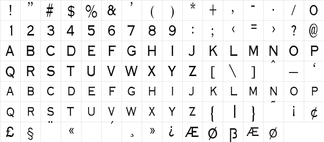 Engraver-Light Cn Regular Character Map