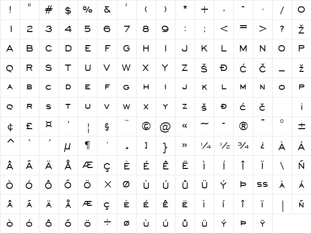 Engravers'Gothic Regular Character Map