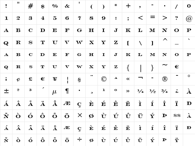 EngravrsRoman Bd BT Bold Character Map