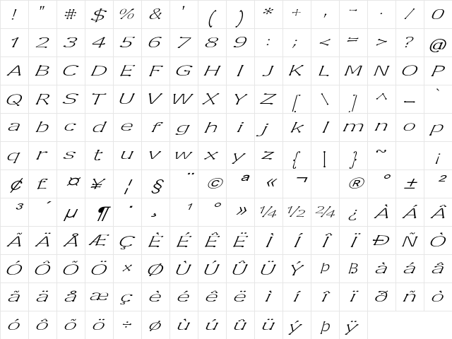 Enspar Expanded Italic Character Map