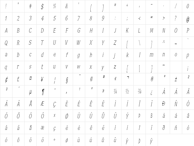 Enspar Extra-condensed Regular Character Map