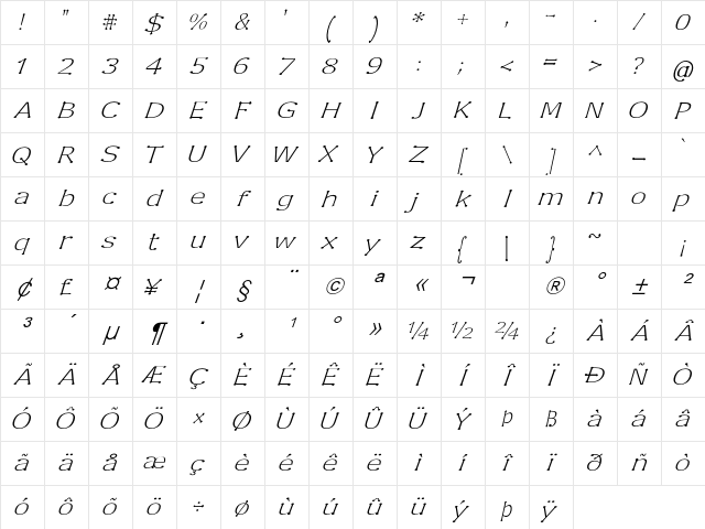 Enspar Italic Character Map