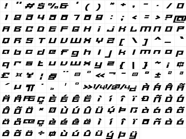 Entoba Extra-expanded Italic Character Map