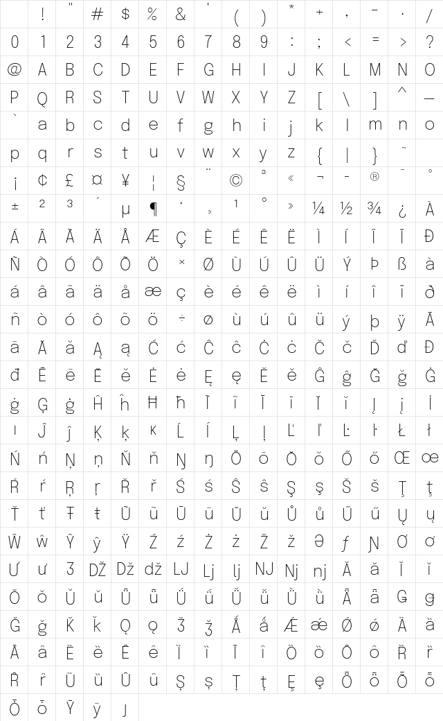 Epilogue ExtraLight Regular Character Map Epilogue ExtraLight Regular Character Map