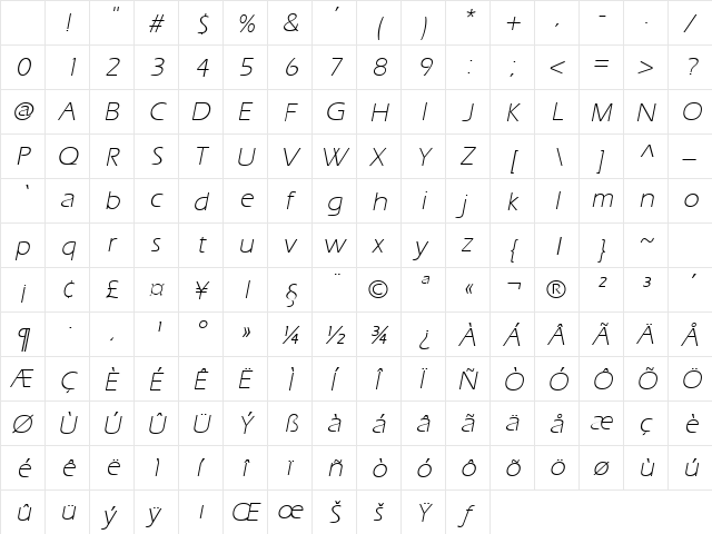 EraserLight Oblique Character Map