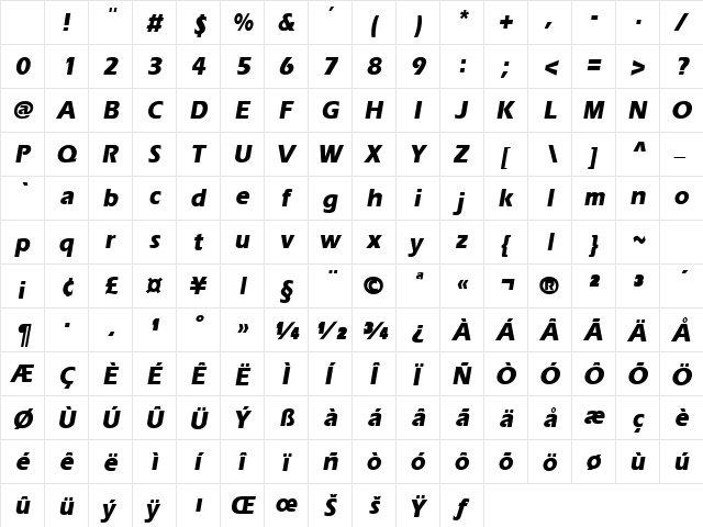 EraserThinBlack Oblique Character Map