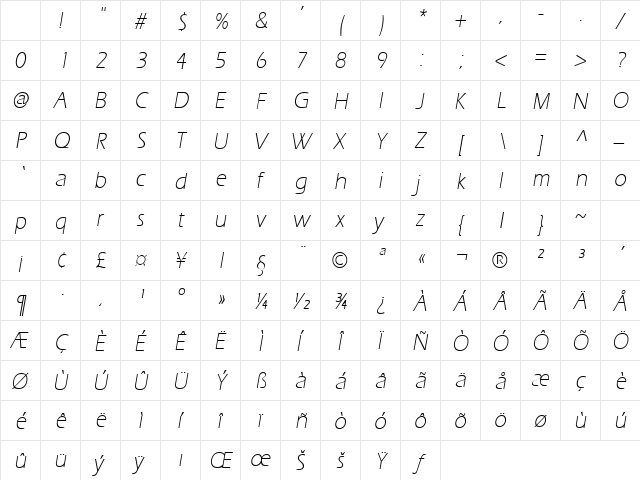 EraserThinLight Oblique Character Map