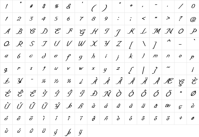 Erelon Bold Italic Character Map