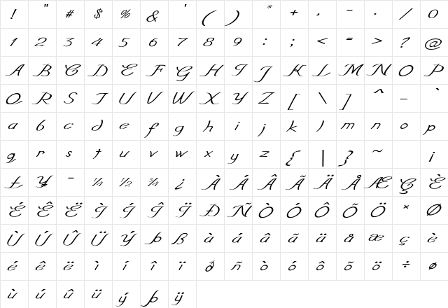 Erelon Expanded Italic Character Map