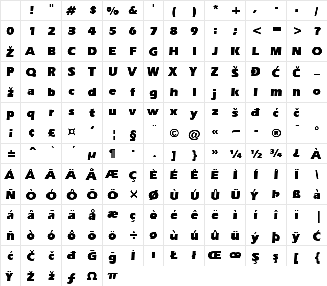 ErieBlack Bold Character Map