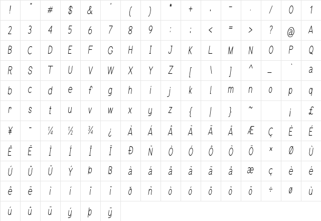 Erodom Condensed Italic Character Map