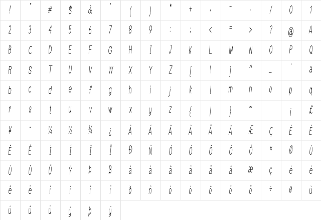 Erodom Extra-condensed Italic Character Map
