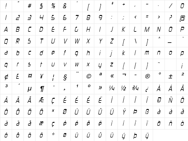 Erval Italic Character Map