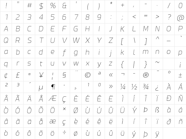 Esphimere Thin Italic Character Map