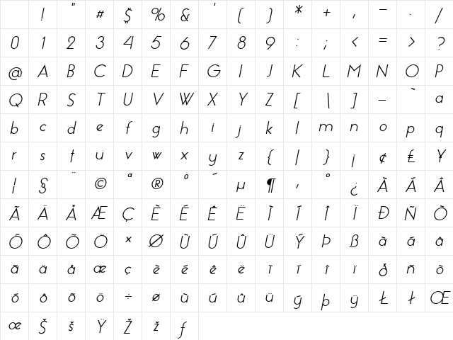 Essence Sans Italic Character Map Essence Sans Italic Character Map