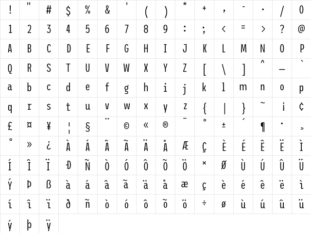 ETC Trispace Light Condensed Character Map