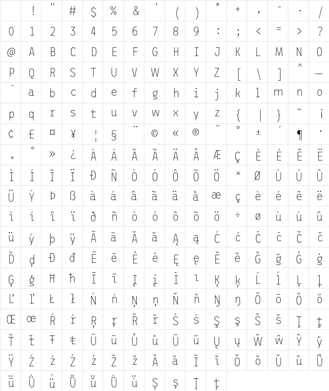 ETC Trispace Thin Narrow Character Map ETC Trispace Thin Narrow Character Map