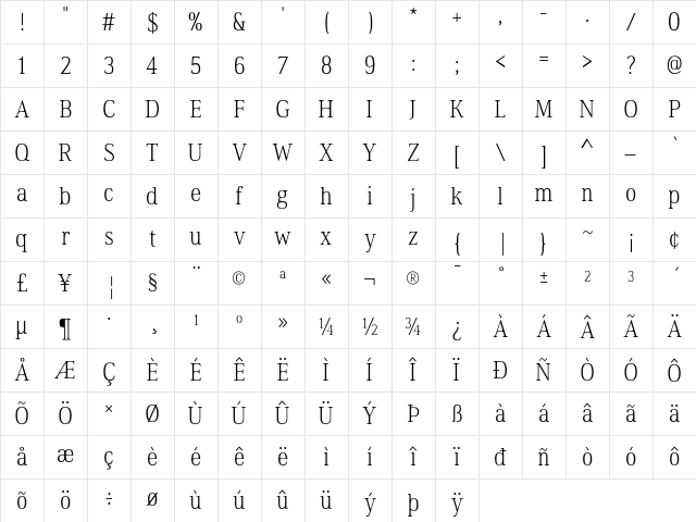 Ethos Condensed Thin Character Map Ethos Condensed Thin Character Map