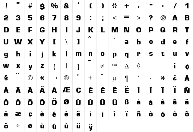 Eurasia Bold Character Map