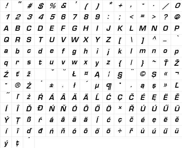 Euromode Bold Italic Character Map