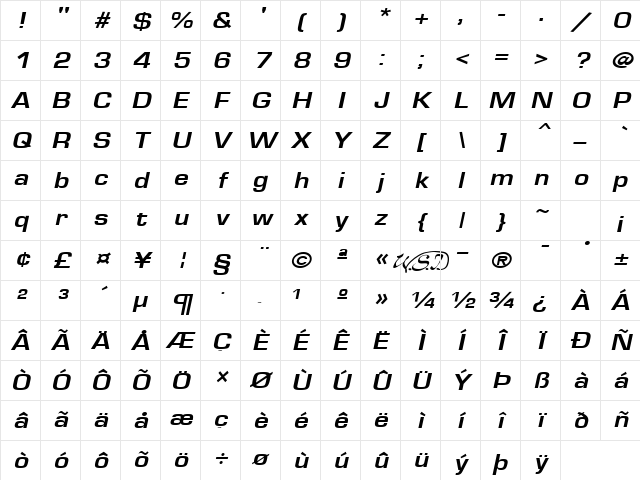 Eurose Bold Italic Character Map
