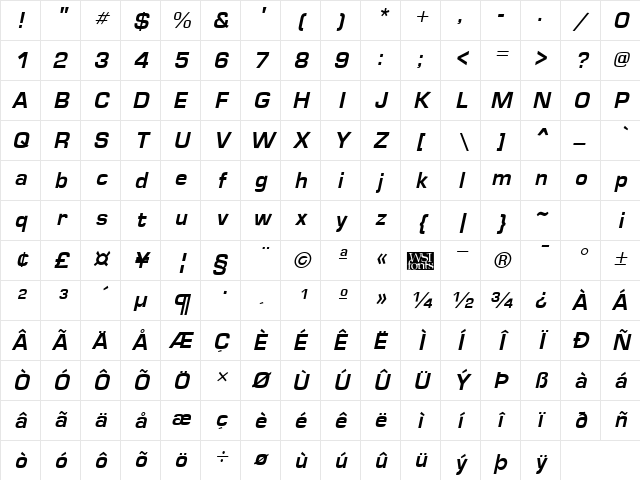 Eurose Italic Character Map