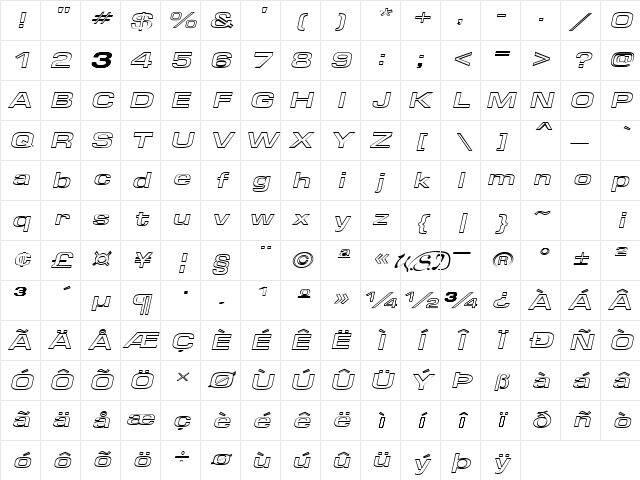 Eurose Wide Hollow Italic Character Map
