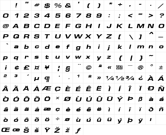 Eurose Wide-Heavy Italic Character Map