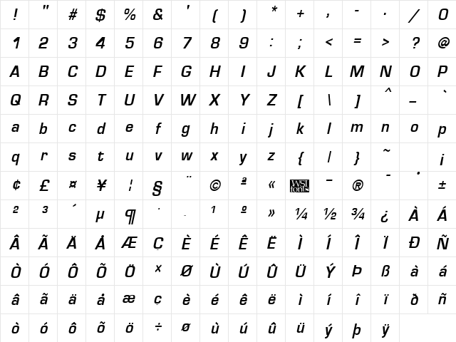 EuroseCond Bold Italic Character Map