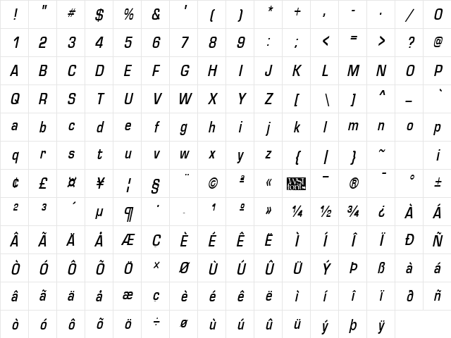 EuroseCond Italic Character Map