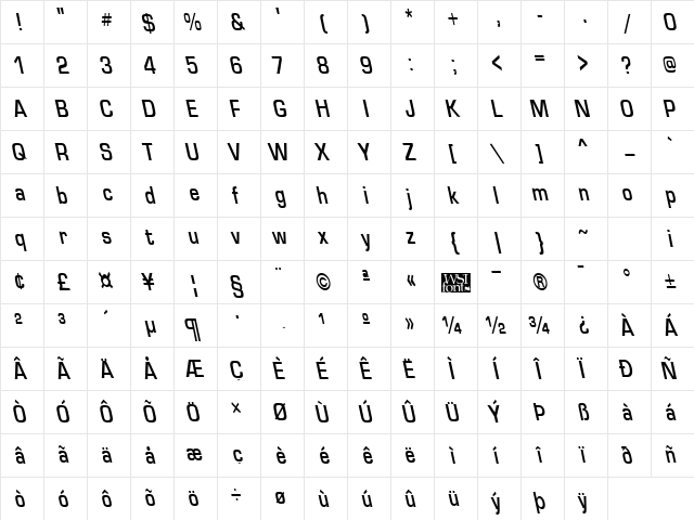 EuroseCondBackslant Regular Character Map