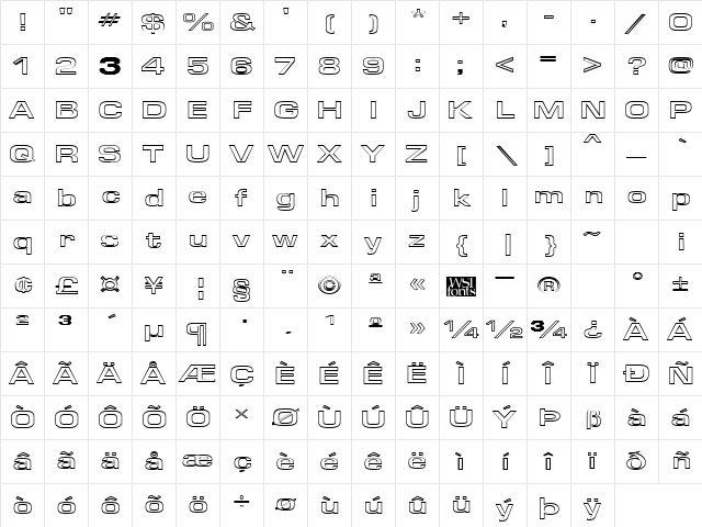 EuroseWideHollow Regular Character Map