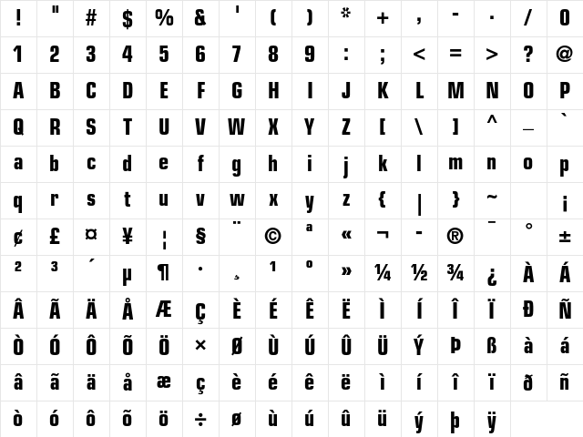 Eurostile LT Std Bold Condensed Character Map
